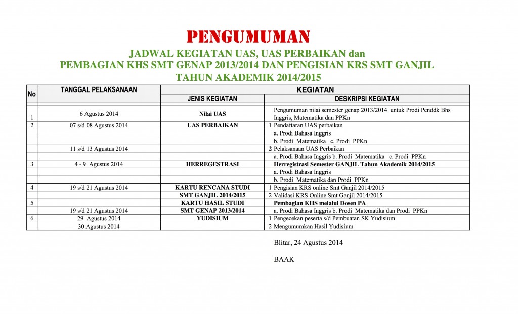 Kalender akademik Dan Kegiatan BAAK 2013-2014
